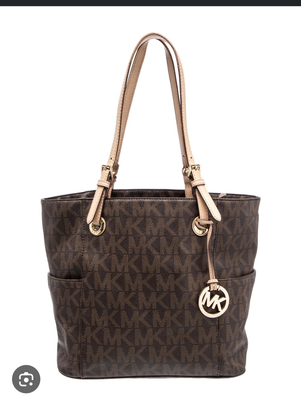 Michael Kors Brown Signature Jet Set Monogram Tote with Tan Handles